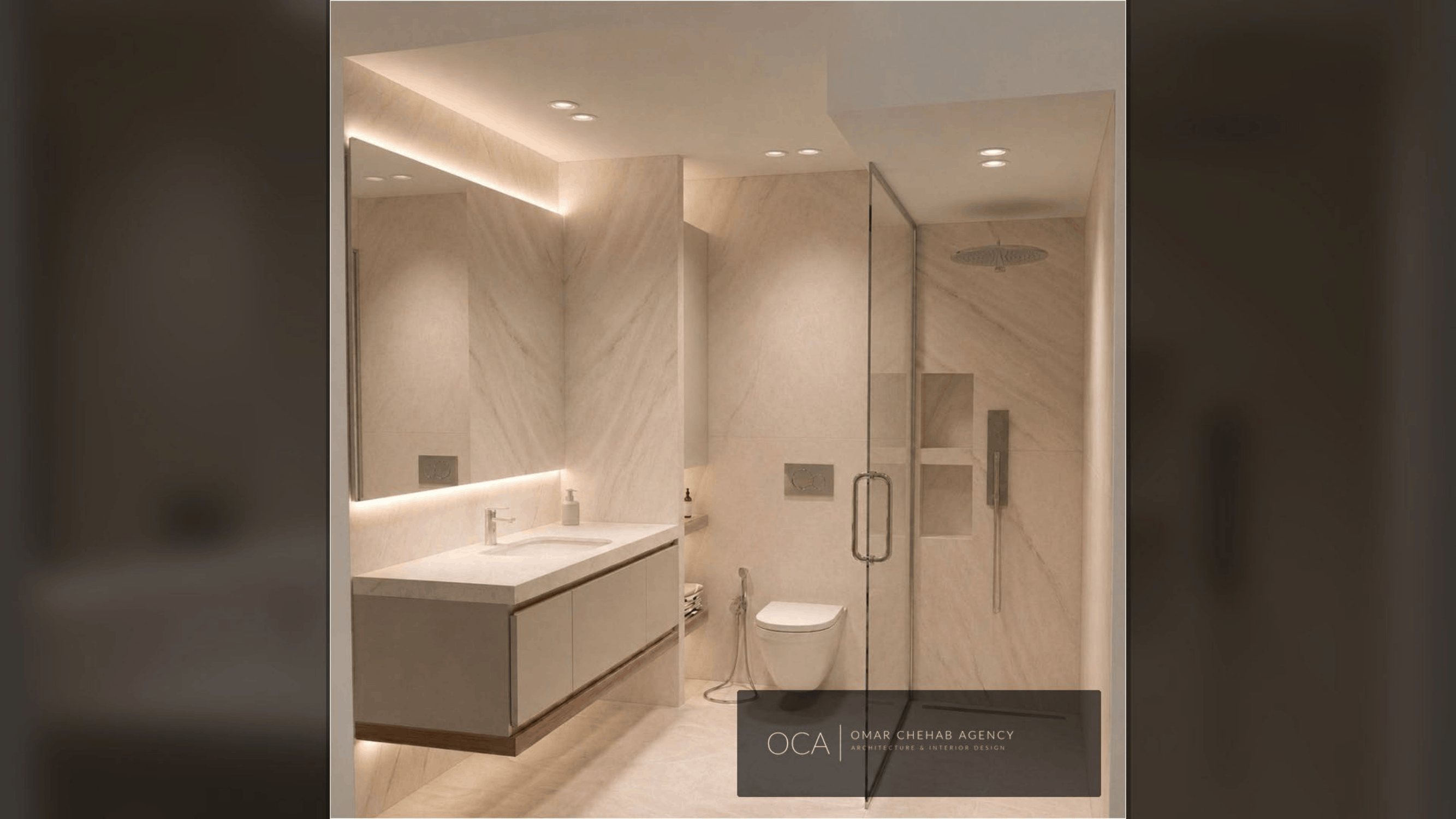 Refined renovated bathroom with marble finishes